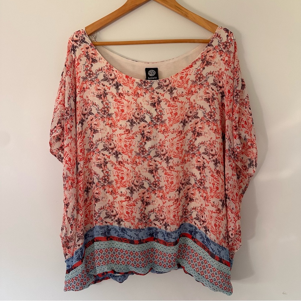 Bobeau Floral Dolman Sleeve Bohemian Blouse Top‎ Size 3X Flowy Sheer